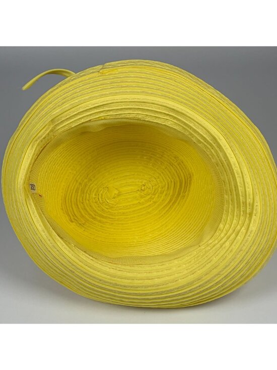 Vintage Yellow Wide Brim Bucket Sun Hat Fabric Bow Accent